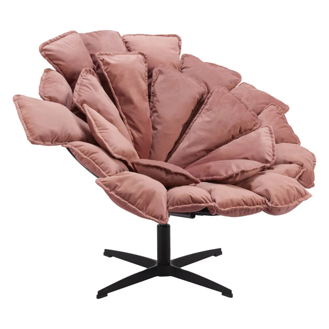 Pink velvet flower-shaped chair with plush cushions and a black metal base, perfect for modern decor.