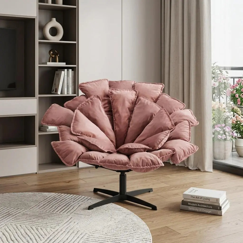 Blush pink petal-shaped swivel chair with plush fabric and modern design, perfect for stylish living spaces.