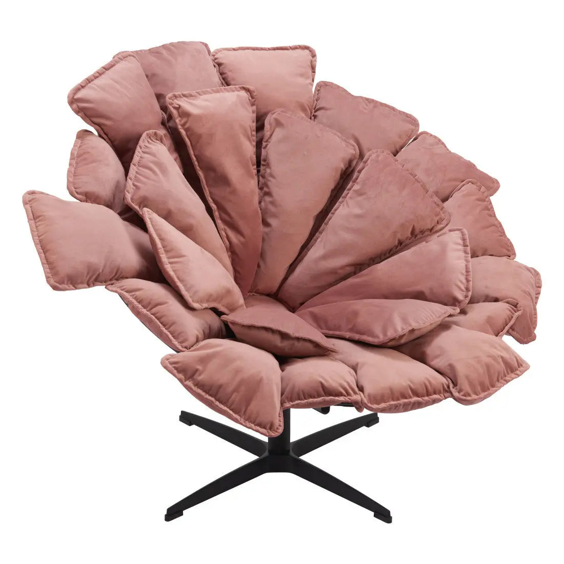 Pink upholstered flower-shaped lounge chair with plush cushions and a sleek black metal base. Ideal for modern living spaces.