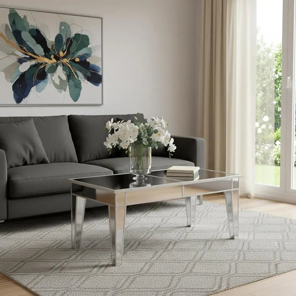 42" Silver Mirrored And Metal Rectangular Mirrored Coffee Table Homeroots Living Room