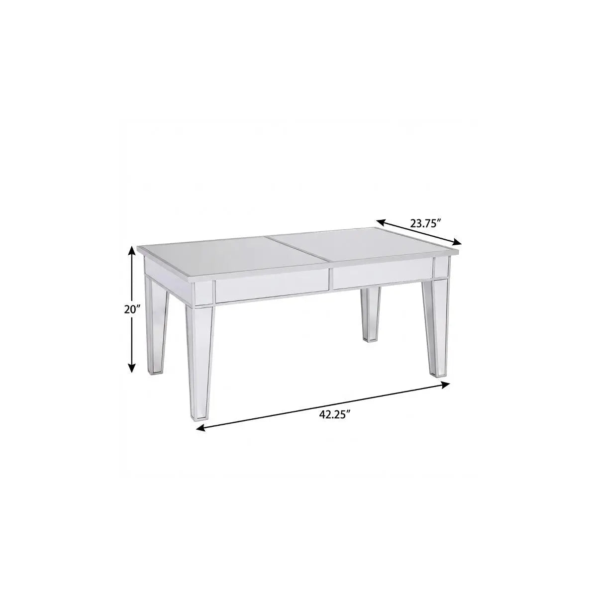 Mirrored coffee table in silver with a sleek modern design, featuring clean lines and tapered legs, 42.25" x 23.75".