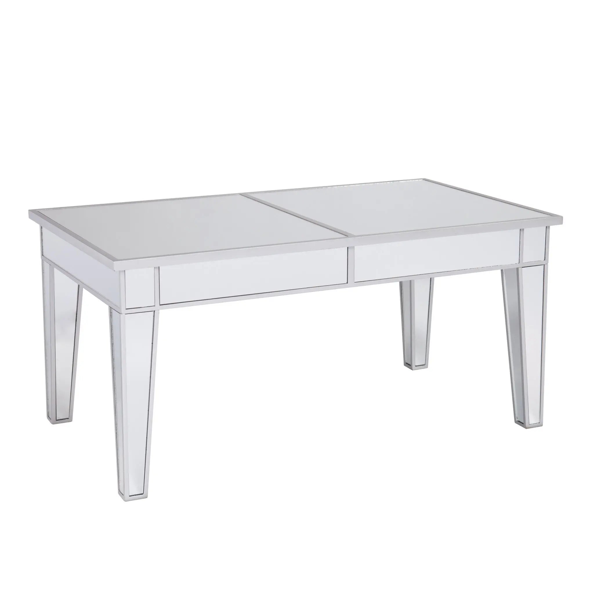 Mirrored coffee table with sleek white surface and modern design, featuring two drawers and elegant reflective legs.