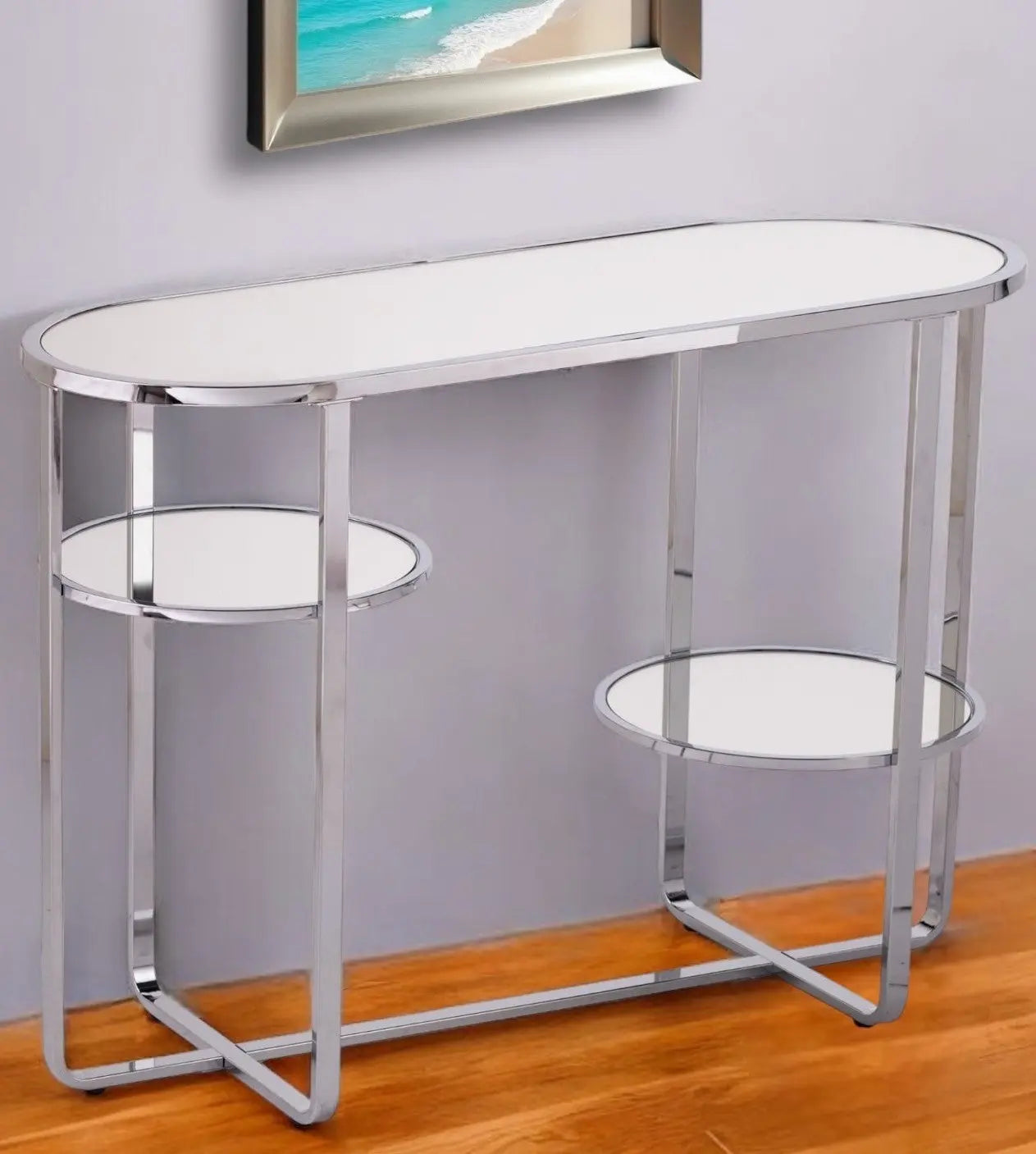 42" Silver Mirrored Glass Oval Cross Leg Console Table With Shelves Homeroots Living Room