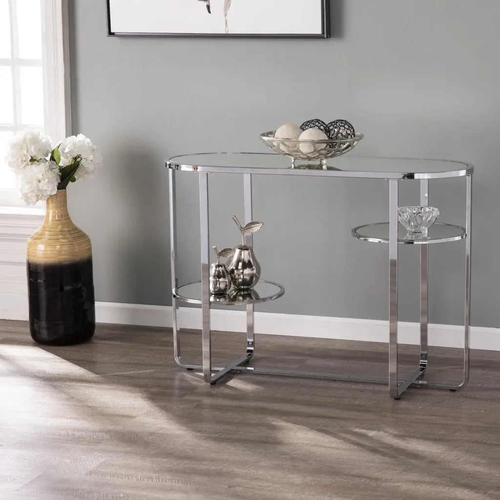 42" Silver Mirrored Glass Oval Cross Leg Console Table With Shelves Homeroots Living Room