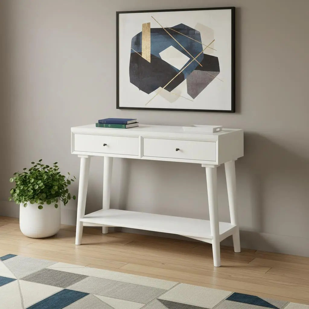 42" White Solid Wood Console Table With Shelves And Drawers Homeroots Living Room
