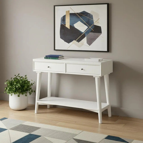 42" White Solid Wood Console Table With Shelves And Drawers Homeroots Living Room