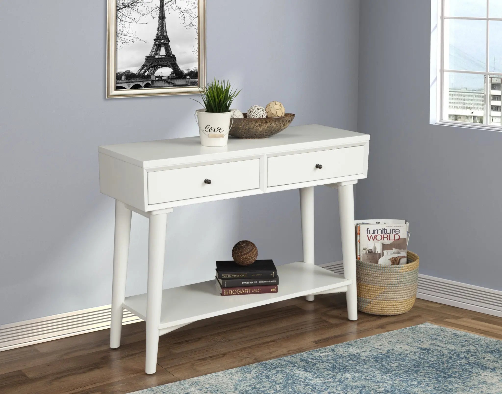 42" White Solid Wood Console Table With Shelves And Drawers Homeroots Living Room