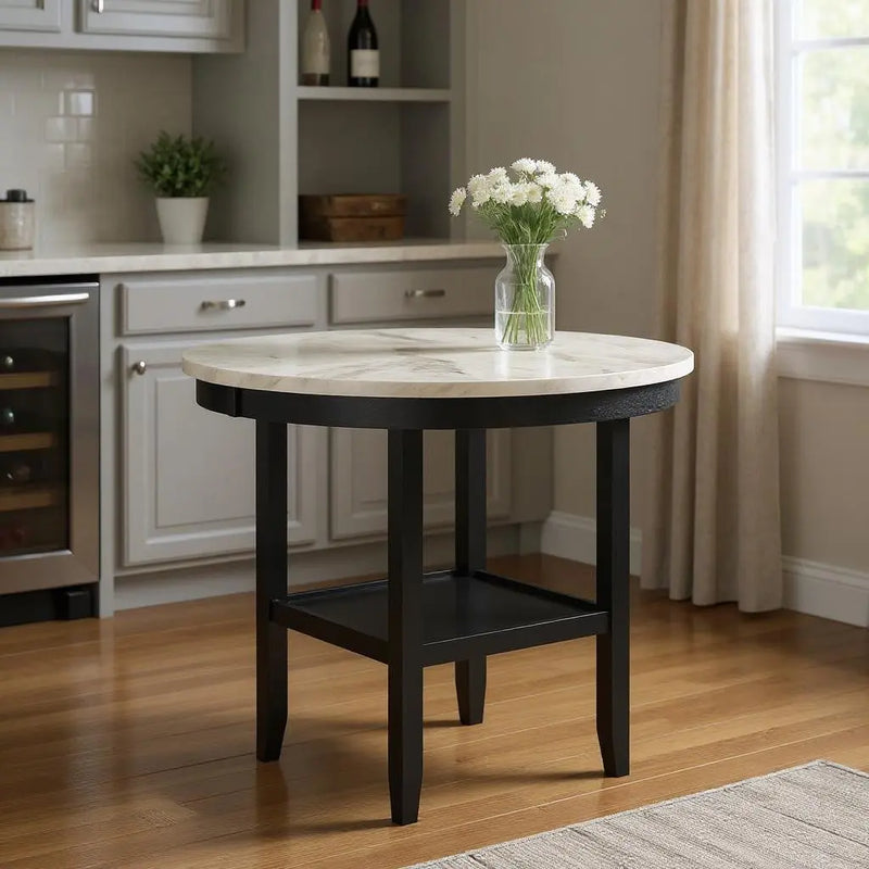 42" White and Black Wood And Faux Marble Round Counter Height Bar Table Homeroots Living Room