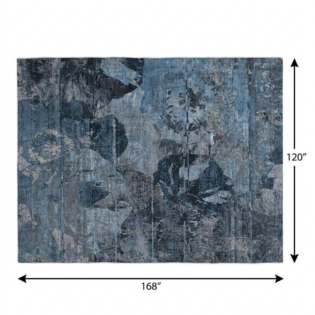 10' X 14' Denim Blue And Navy Blue Abstract Shag Washable Area Rug With UV Protection - Home & Garden