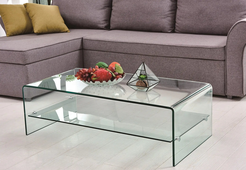 43" Clear Glass Sled Coffee Table With Shelf Homeroots Living Room