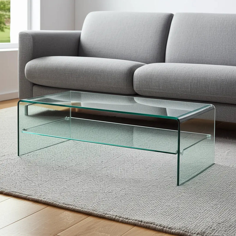 43" Clear Glass Sled Coffee Table With Shelf Homeroots Living Room