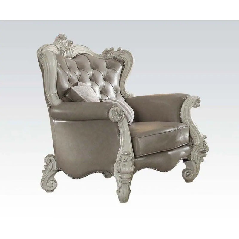 43" Gray and Bone Faux Leather Tufted Chesterfield Chair And Toss Pillows Homeroots Living Room