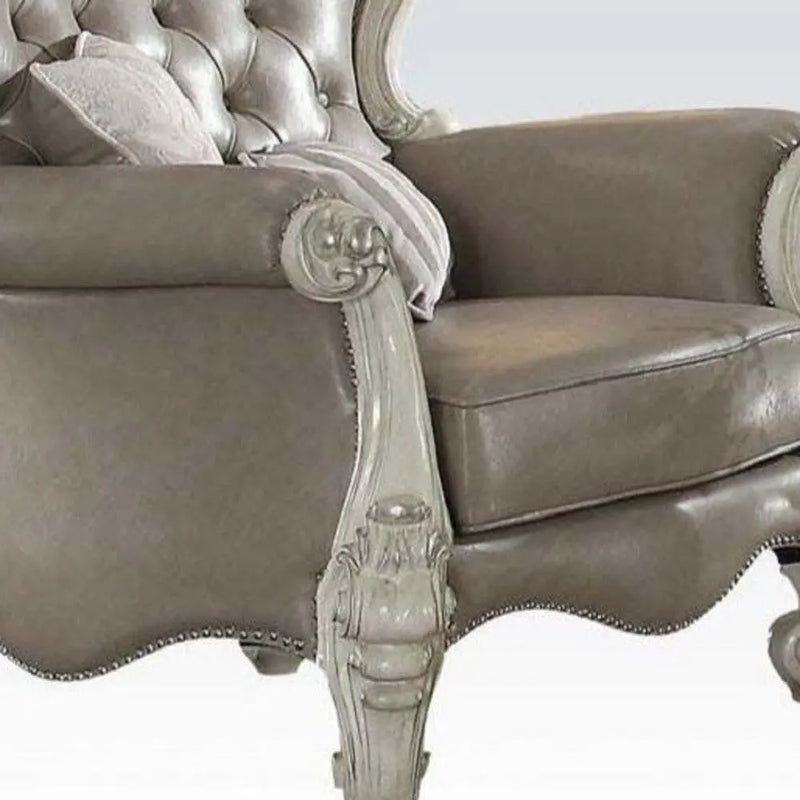 43" Gray and Bone Faux Leather Tufted Chesterfield Chair And Toss Pillows Homeroots Living Room