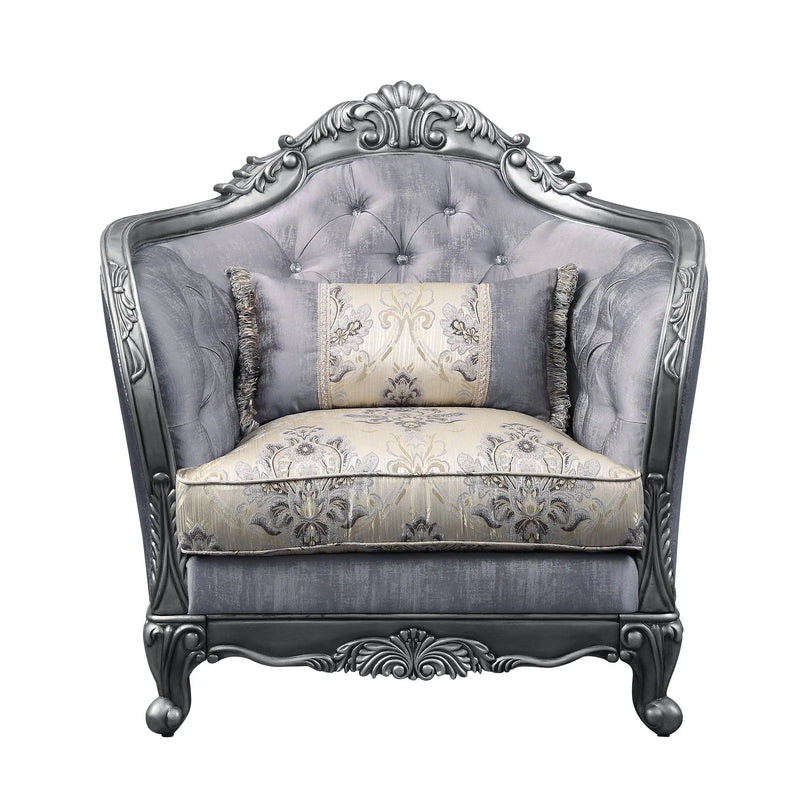 43" Light Gray and Platinum Fabric Floral Tufted Arm Chair And Toss Pillow Homeroots Living Room