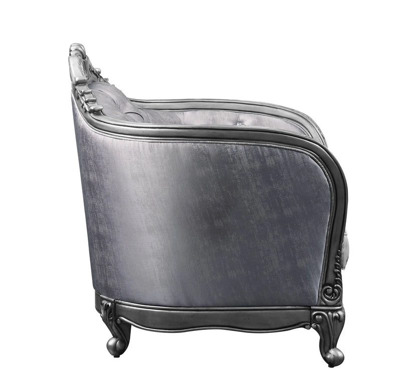 43" Light Gray and Platinum Fabric Floral Tufted Arm Chair And Toss Pillow Homeroots Living Room