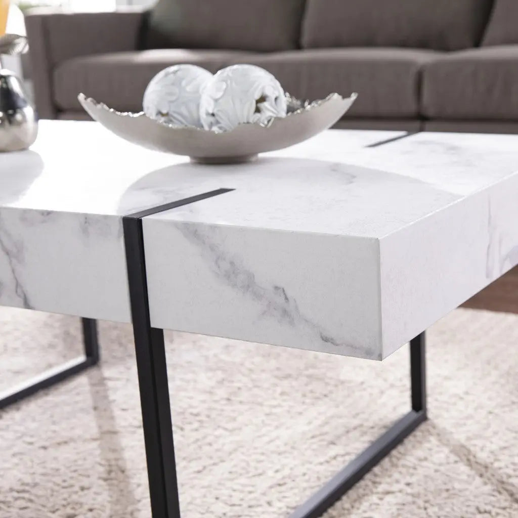43" White And Black Faux Marble And Metal With Iron Coffee Table Homeroots Living Room