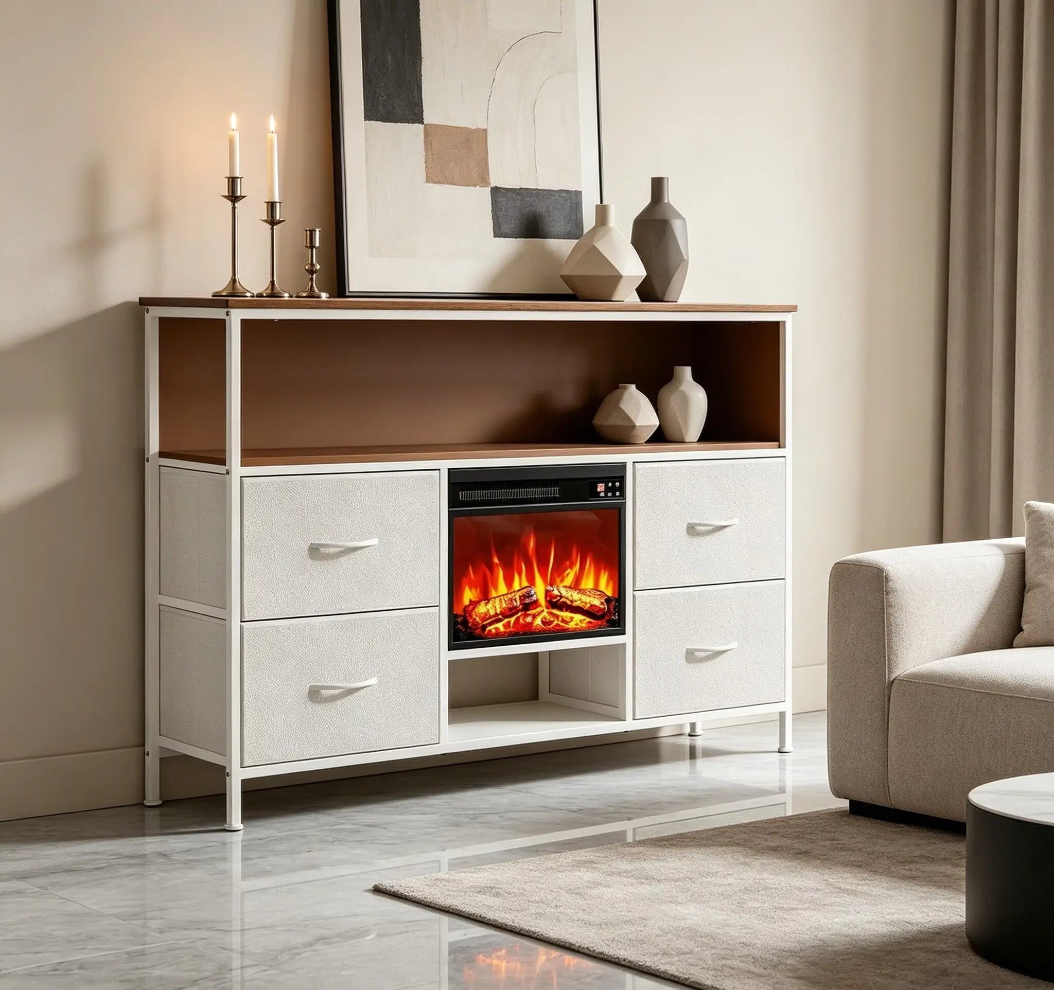 43" White Wood Fireplace TV Stand With Fireplace Homeroots Living Room