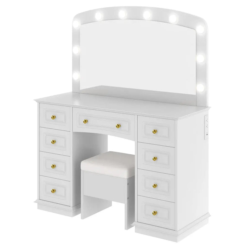 43" White Wood Mirrored Nine Drawer Vanity Table And Lights Homeroots Living Room