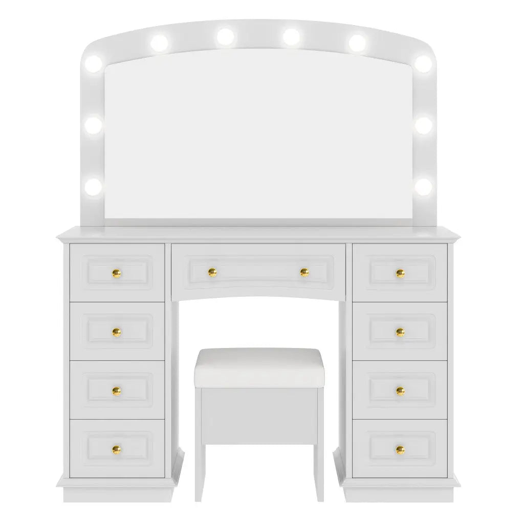 43" White Wood Mirrored Nine Drawer Vanity Table And Lights Homeroots Living Room