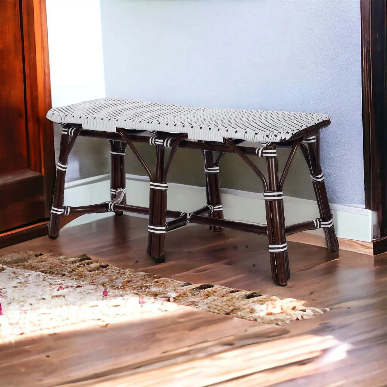 43" White and Dark Brown Rattan and Wicker Bench Homeroots Living Room