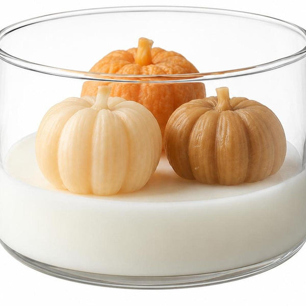 4" Brown Orange And White Apple And Pumpkin Scented Mini Pumpkin Candles In Clear Glass Jar - Home & Garden
