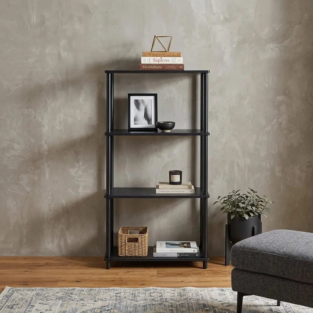 44" Black Metal and Wood Four Tier Etagere Bookcase Homeroots Office