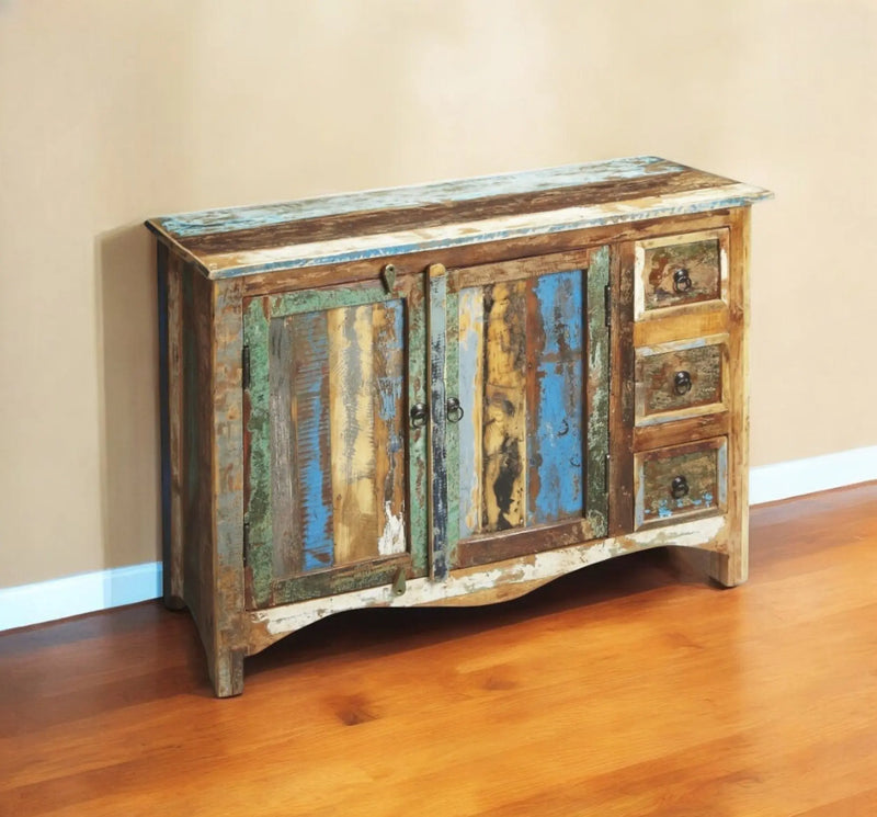 44" Brown Green and Gray Solid Wood Three Drawer Sideboard with Two Doors Homeroots Kitchen & Dining