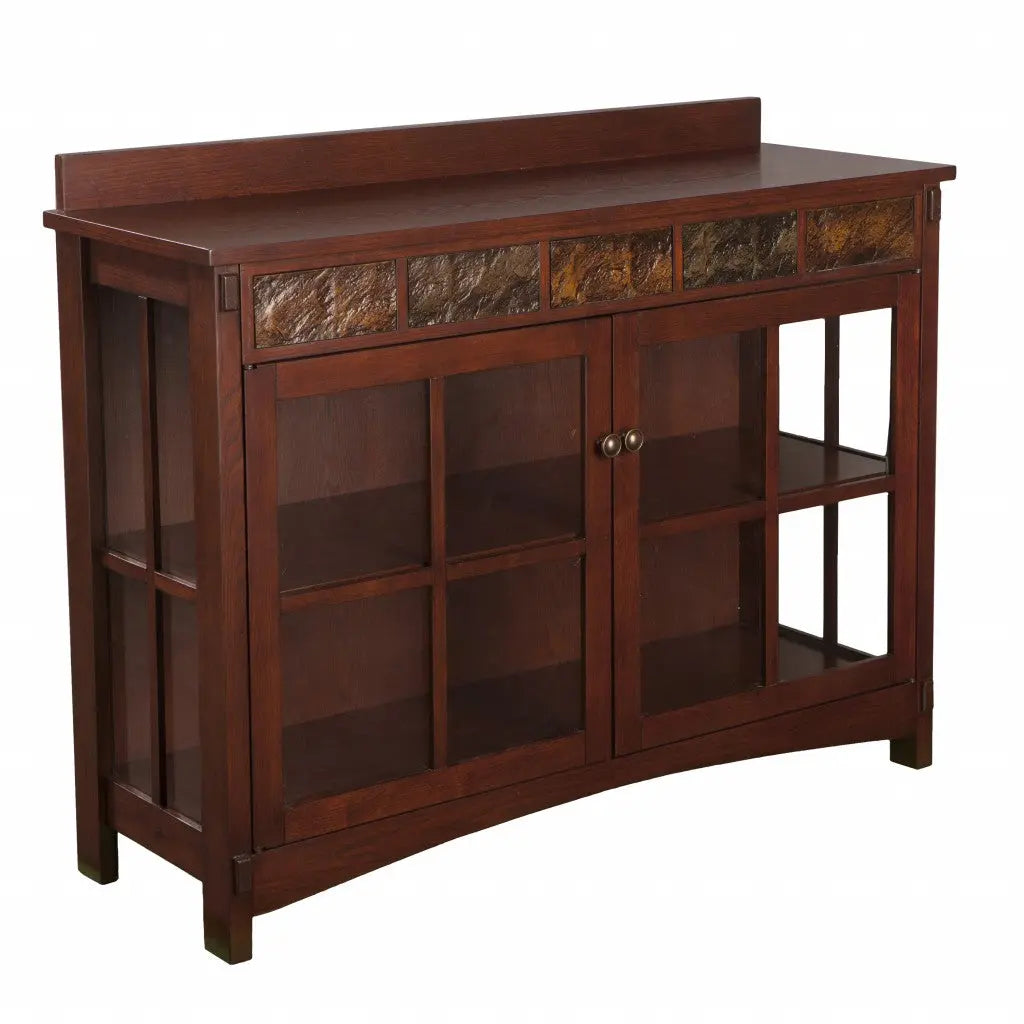 44" Brown Wood With Glass Sideboard with Two Doors Homeroots Kitchen & Dining