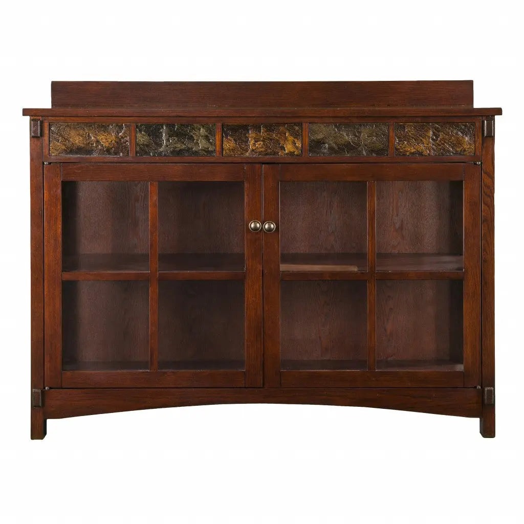 44" Brown Wood With Glass Sideboard with Two Doors Homeroots Kitchen & Dining