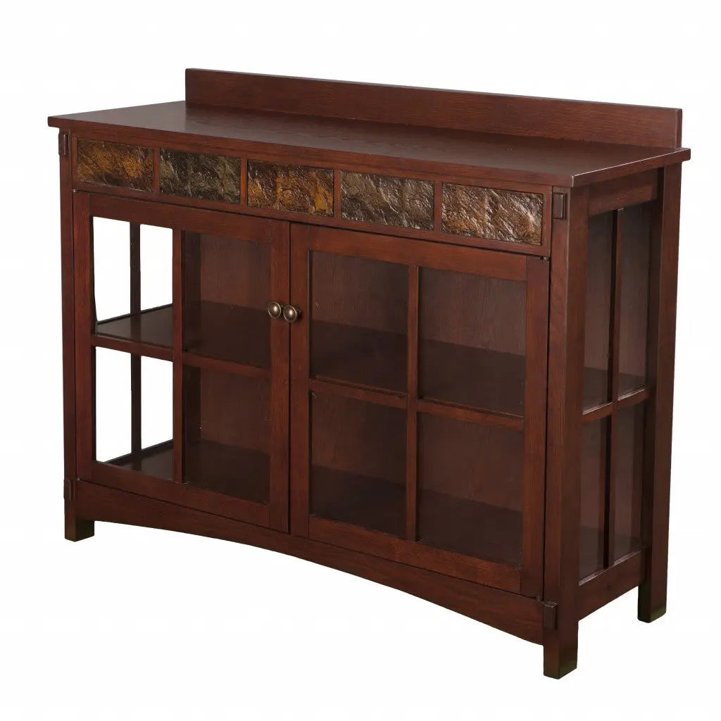 44" Brown Wood With Glass Sideboard with Two Doors Homeroots Kitchen & Dining