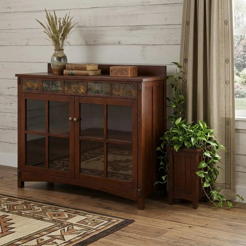 44" Brown Wood With Glass Sideboard with Two Doors Homeroots Kitchen & Dining