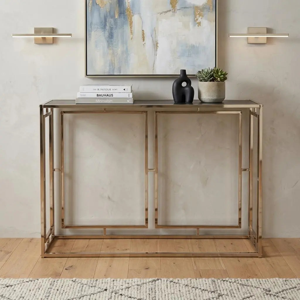 44" Champagne and Gold Faux Marble and Metal Frame Console Table Homeroots Living Room