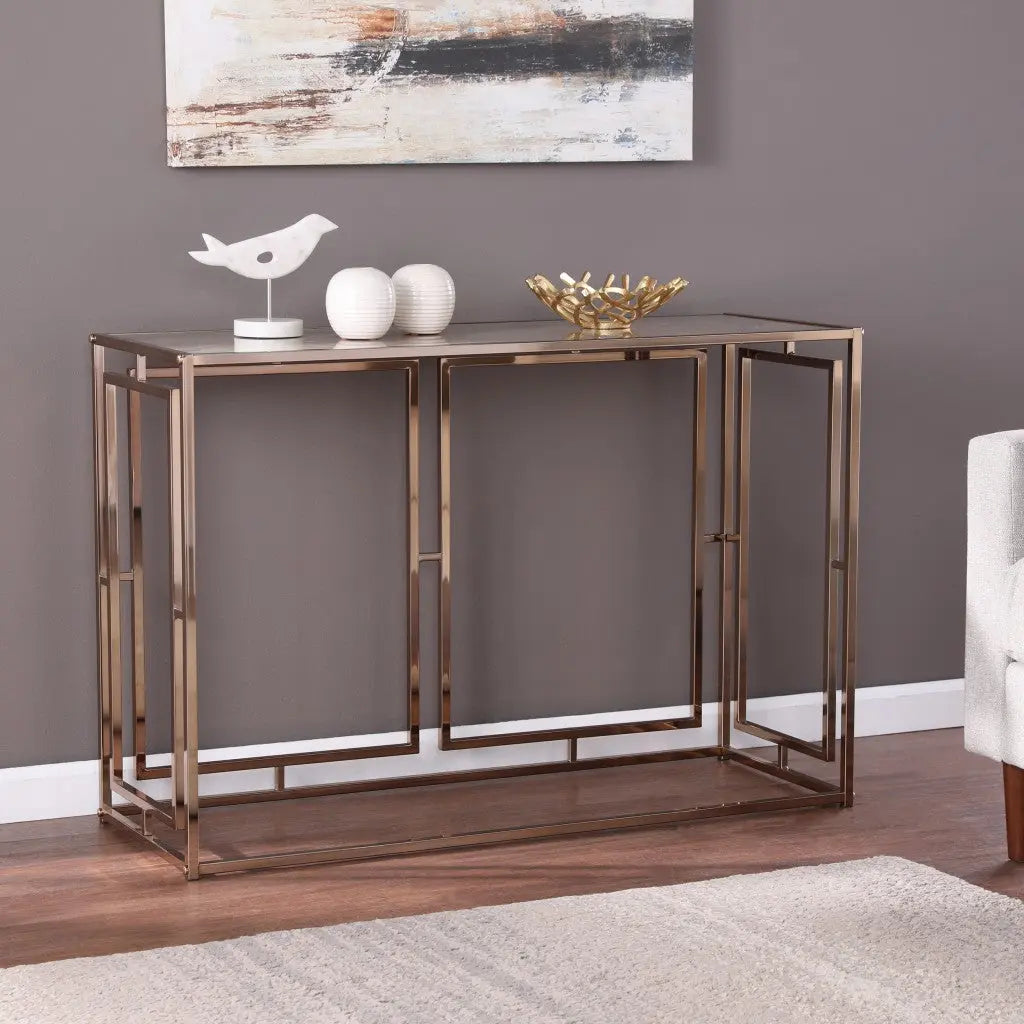 44" Champagne and Gold Faux Marble and Metal Frame Console Table Homeroots Living Room