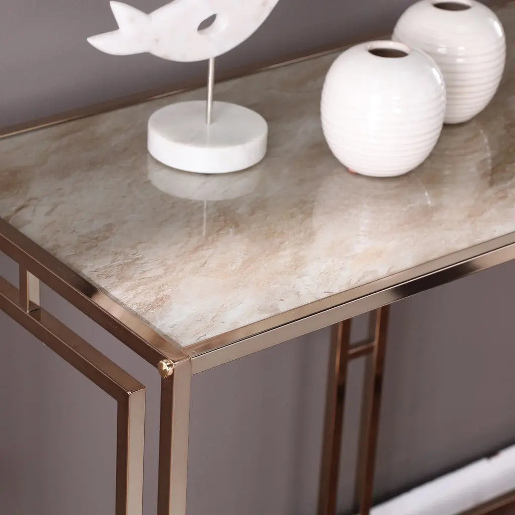 44" Champagne and Gold Faux Marble and Metal Frame Console Table Homeroots Living Room