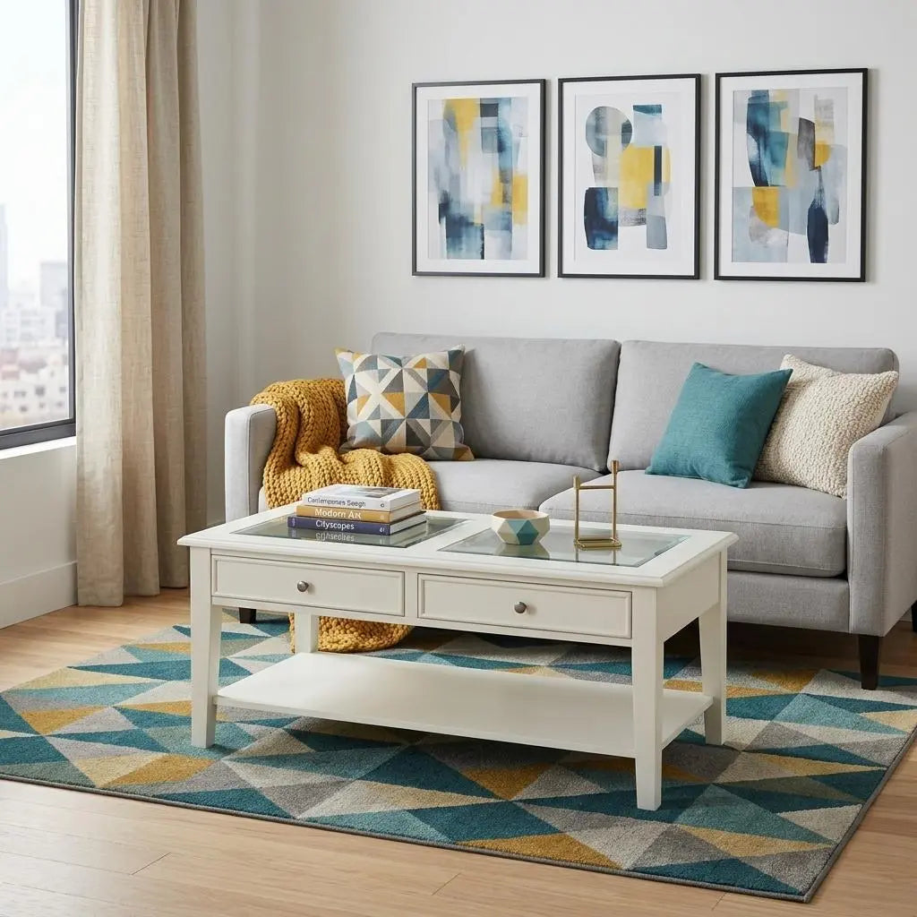 44" Off And White And Off-White Glass And Metal Rectangular Coffee Table Homeroots Living Room