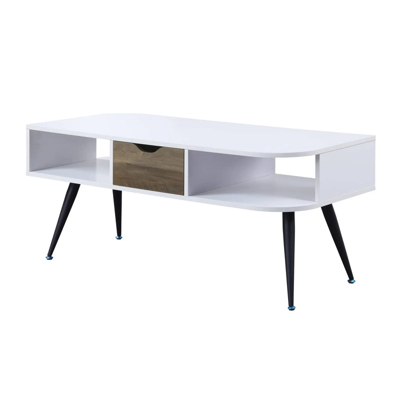 44" White and Black Melamine Veneer And Metal Coffee Table With Drawer And Shelf Homeroots Living Room
