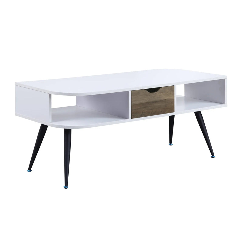 44" White and Black Melamine Veneer And Metal Coffee Table With Drawer And Shelf Homeroots Living Room