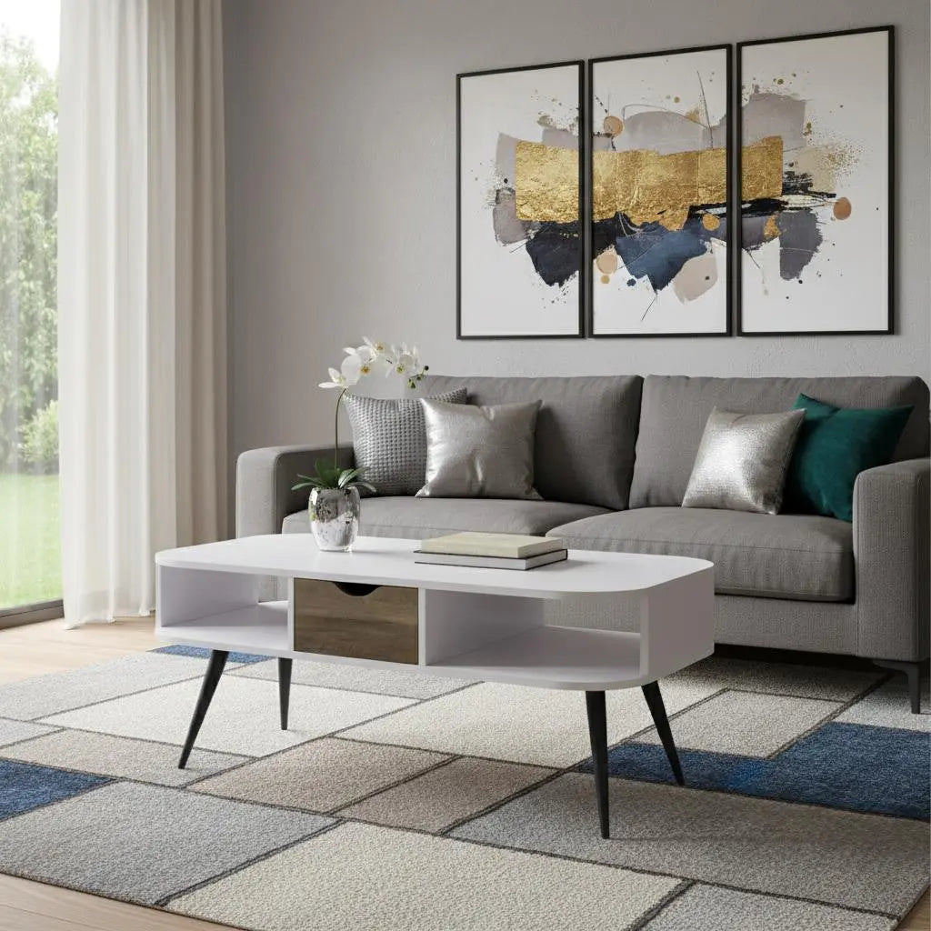 44" White and Black Melamine Veneer And Metal Coffee Table With Drawer And Shelf Homeroots Living Room