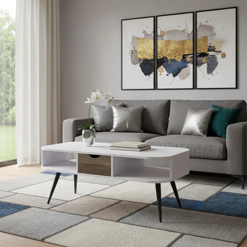 44" White and Black Melamine Veneer And Metal Coffee Table With Drawer And Shelf Homeroots Living Room