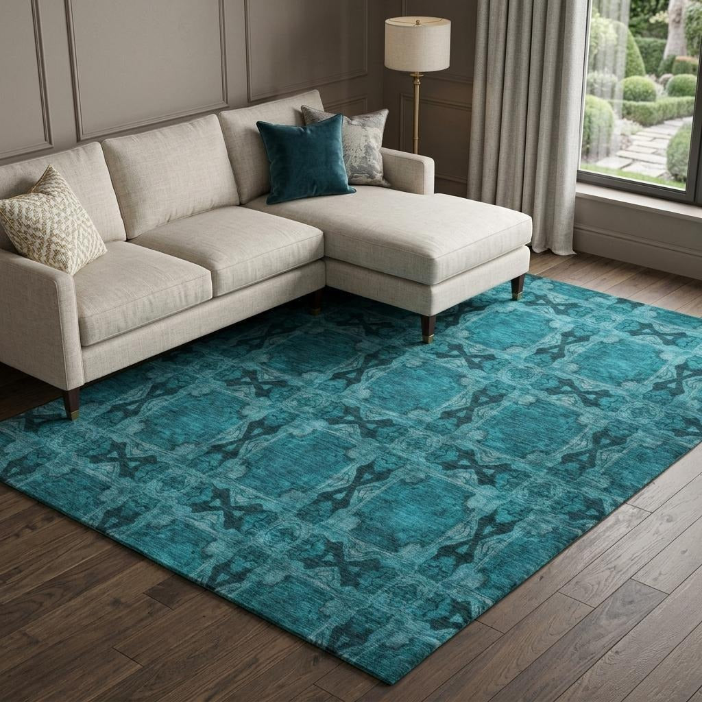 10' X 14' Teal And Charcoal Geometric Shag Washable Area Rug With UV Protection - Home & Garden