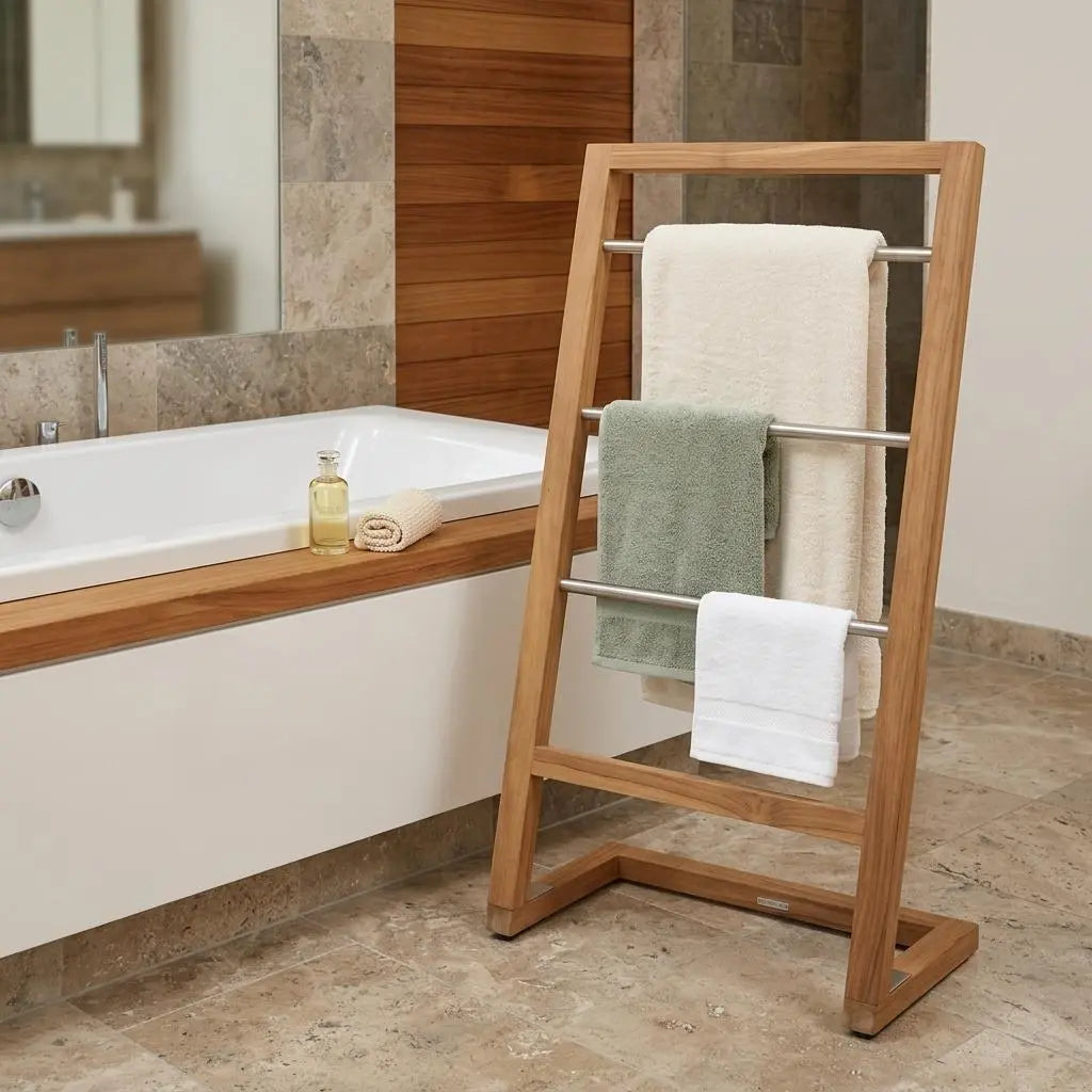 45" Brown And Silver Stainless Steel And Teak Towel Stand Homeroots Organization
