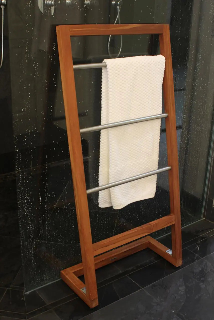 45" Brown And Silver Stainless Steel And Teak Towel Stand Homeroots Organization