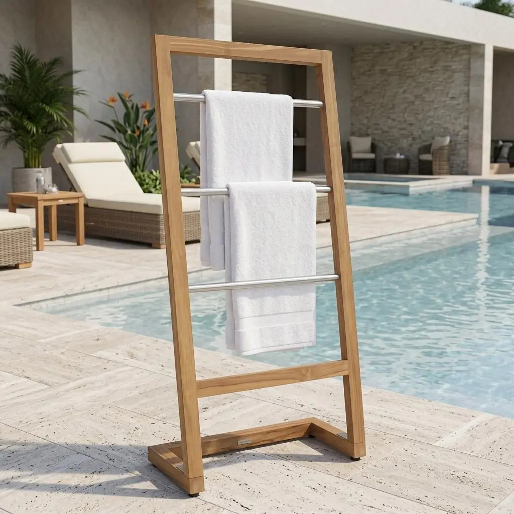45" Brown And Silver Stainless Steel And Teak Towel Stand Homeroots Organization