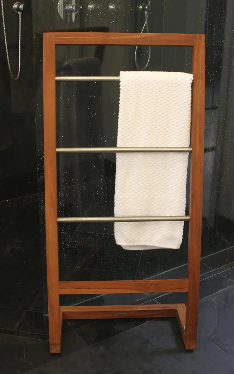 45" Brown And Silver Stainless Steel And Teak Towel Stand Homeroots Organization
