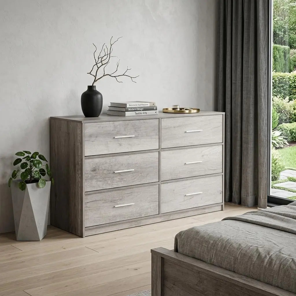 45" Gray Fabric Wood and Steel Six Drawer Double Dresser Homeroots Bed & Bath