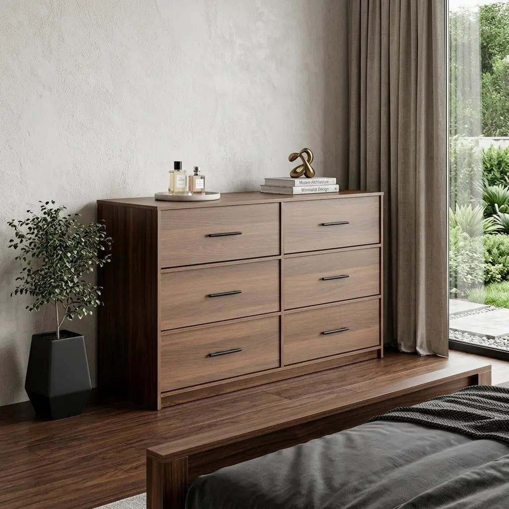 45" Walnut Fabric Wood and Steel Six Drawer Double Dresser Homeroots Bed & Bath