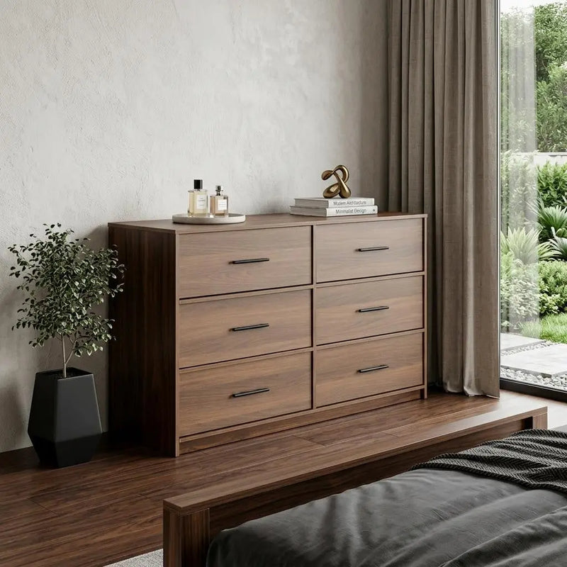 45" Walnut Fabric Wood and Steel Six Drawer Double Dresser Homeroots Bed & Bath