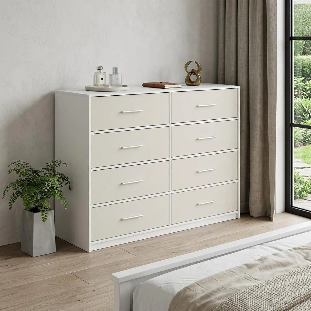45" White Fabric Wood and Steel Eight Drawer Double Dresser Homeroots Bed & Bath