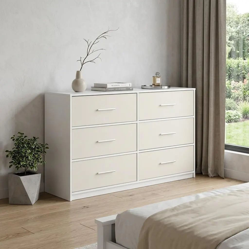 45" White Fabric Wood and Steel Six Drawer Double Dresser Homeroots Bed & Bath