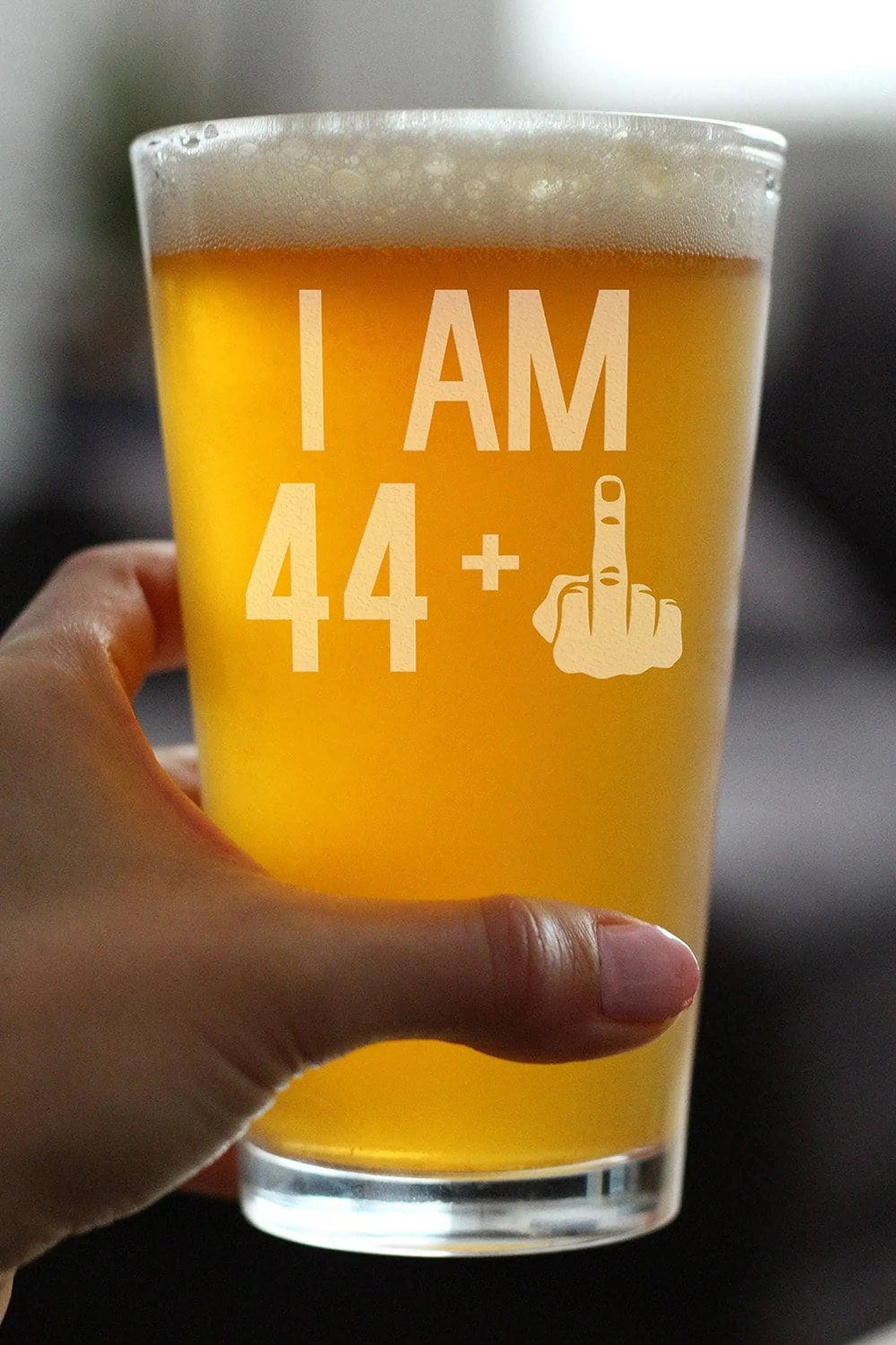 45th Birthday Gifts - 44 Middle Finger Pint Glass for Beer Bevvee